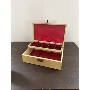 Vintage 1970's Cream and Gold Pattern Faux Leather Jewelry Box With Red Interior